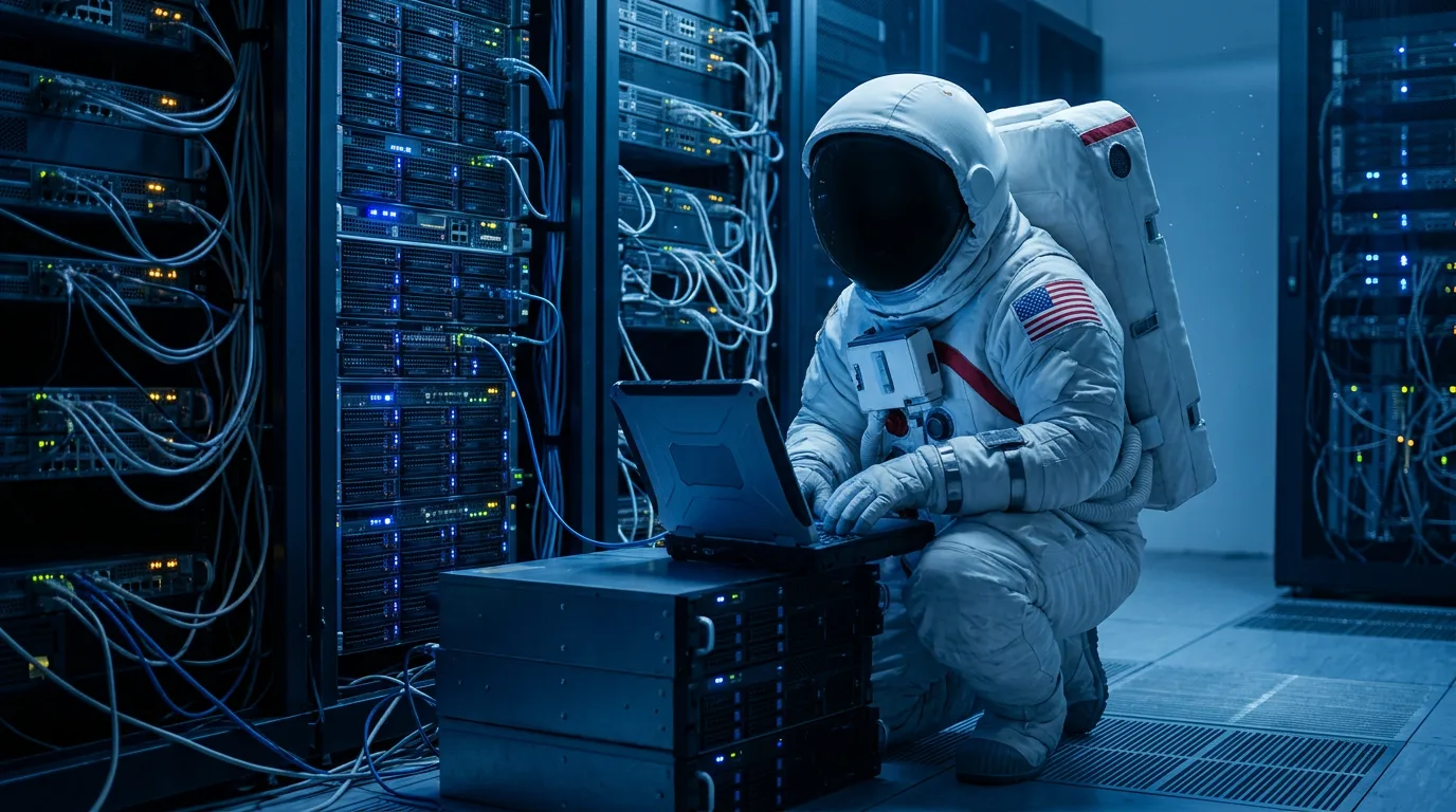 An astronaut kneels beside an open server rack in a blue-lit data center, working on a laptop connected to the hardware.