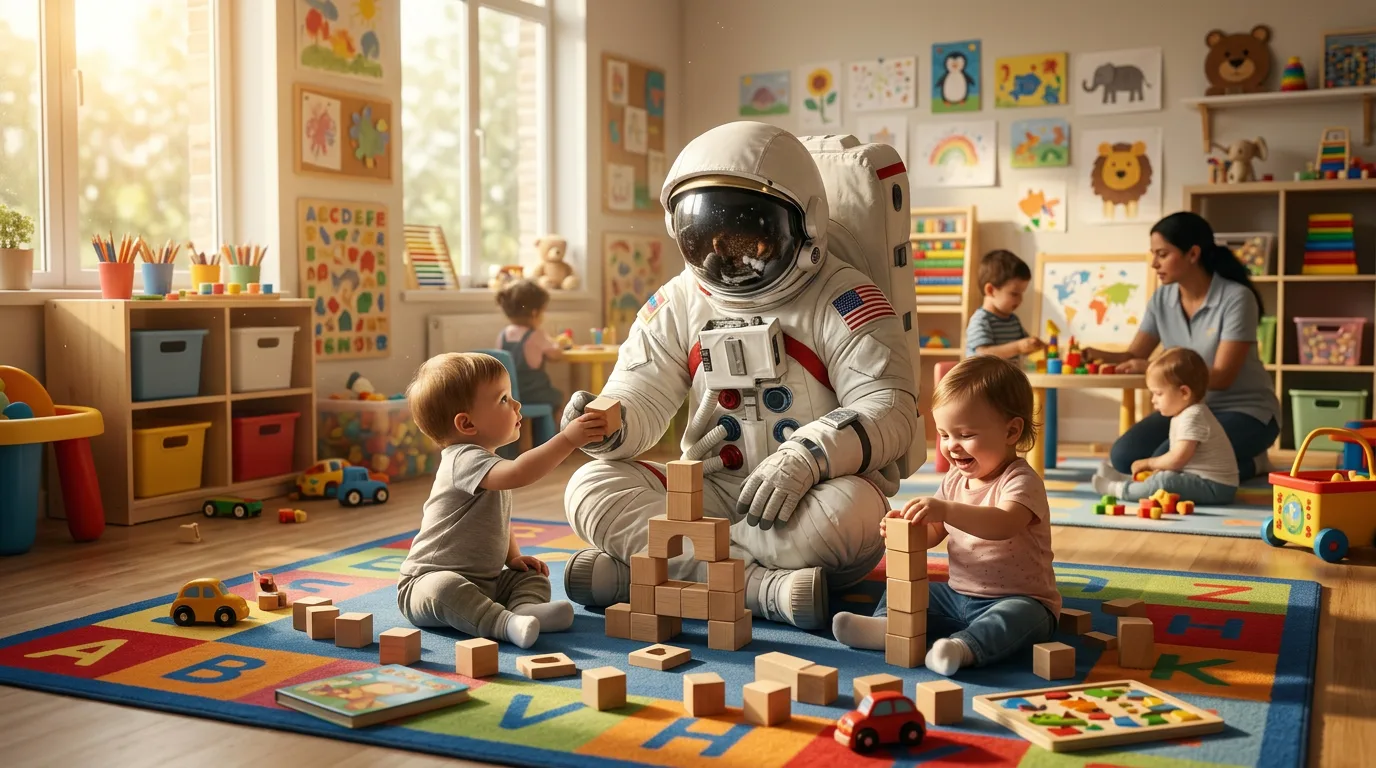 An astronaut sits on a colorful rug and stacks wooden blocks with toddlers in a bright daycare classroom.
