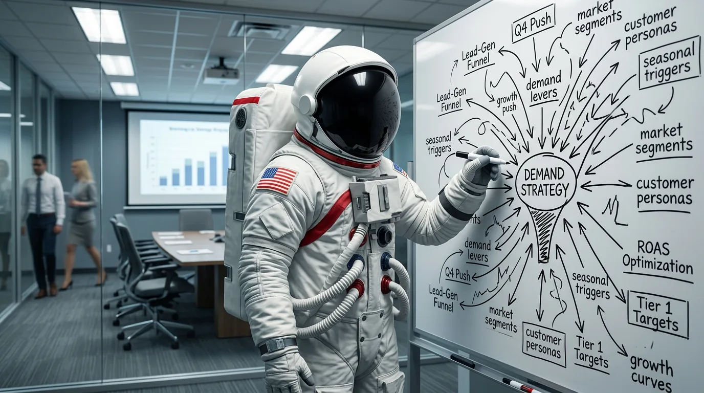 An astronaut writes on a whiteboard covered in a demand strategy mind map in a glass-walled conference room.