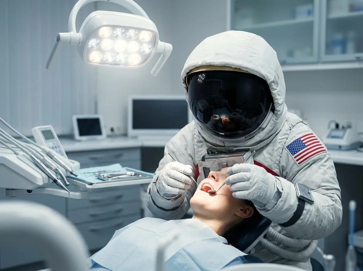 An astronaut leans over a reclined patient in a dental chair under bright operatory lights holding dental instruments.