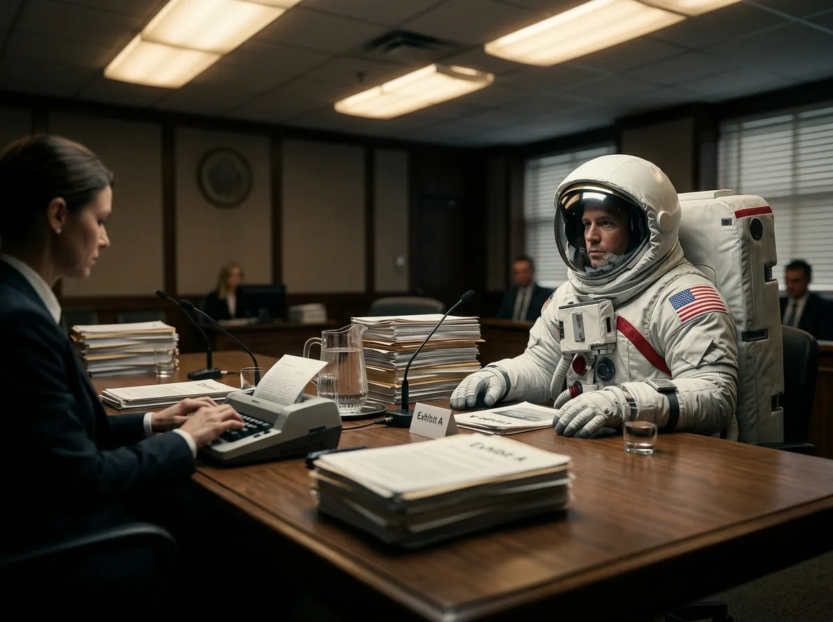 An astronaut sits across a conference table from a woman typing in a formal meeting room stacked with documents.