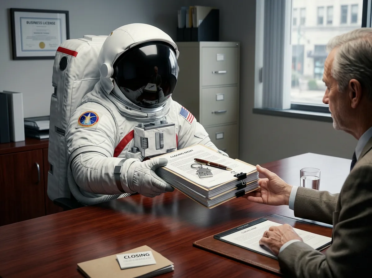 An astronaut seated at an office desk passes a stack of documents to a man in a suit across the table.