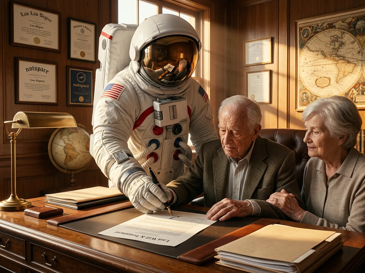 An astronaut leans over a desk pointing to a document as an elderly couple reviews and signs paperwork in a formal office.