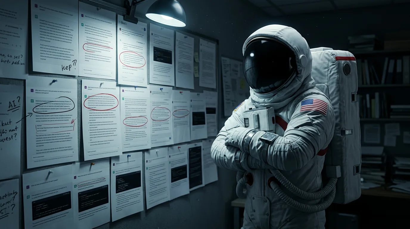 An astronaut stands arms folded before a wall covered in printed documents with red-circled text in a dim office.