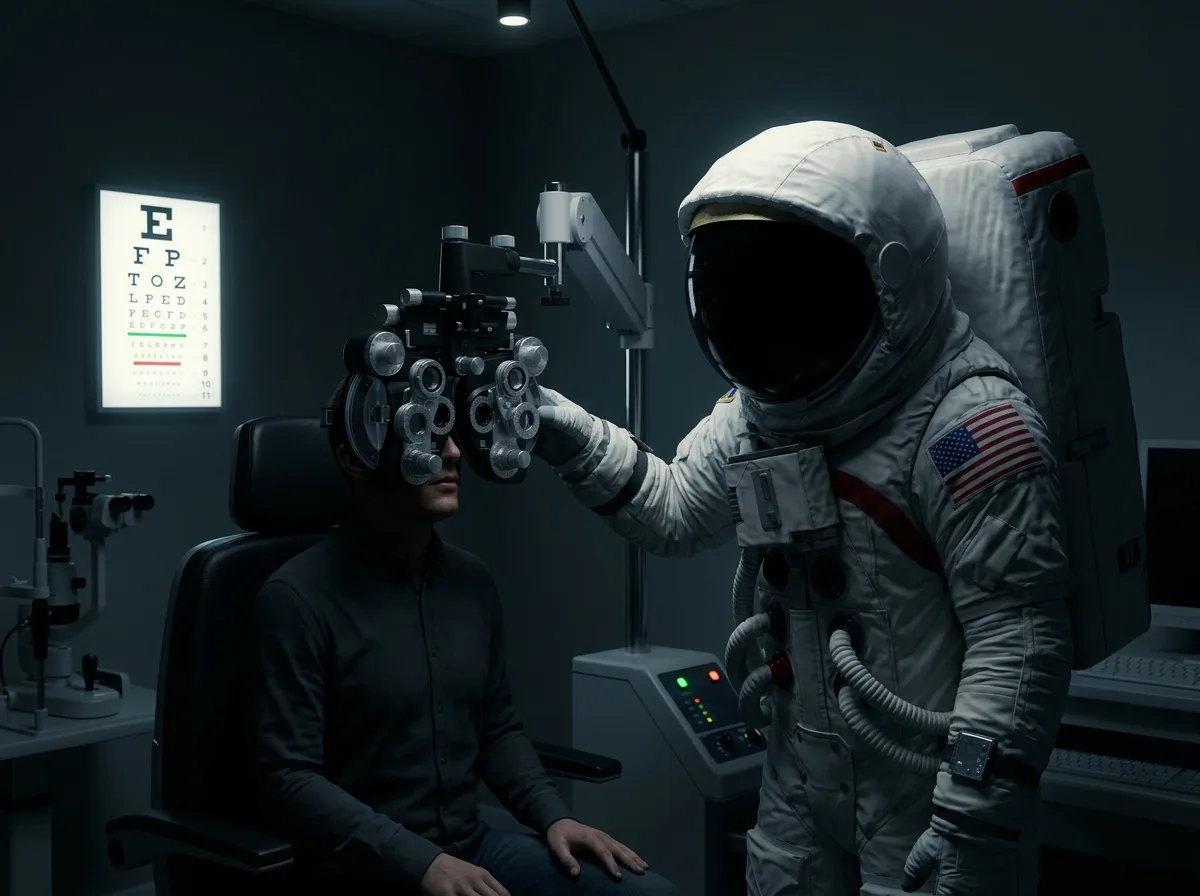 An astronaut holds a phoropter up to a seated patient's face in a dim optometry exam room with an eye chart on the wall.
