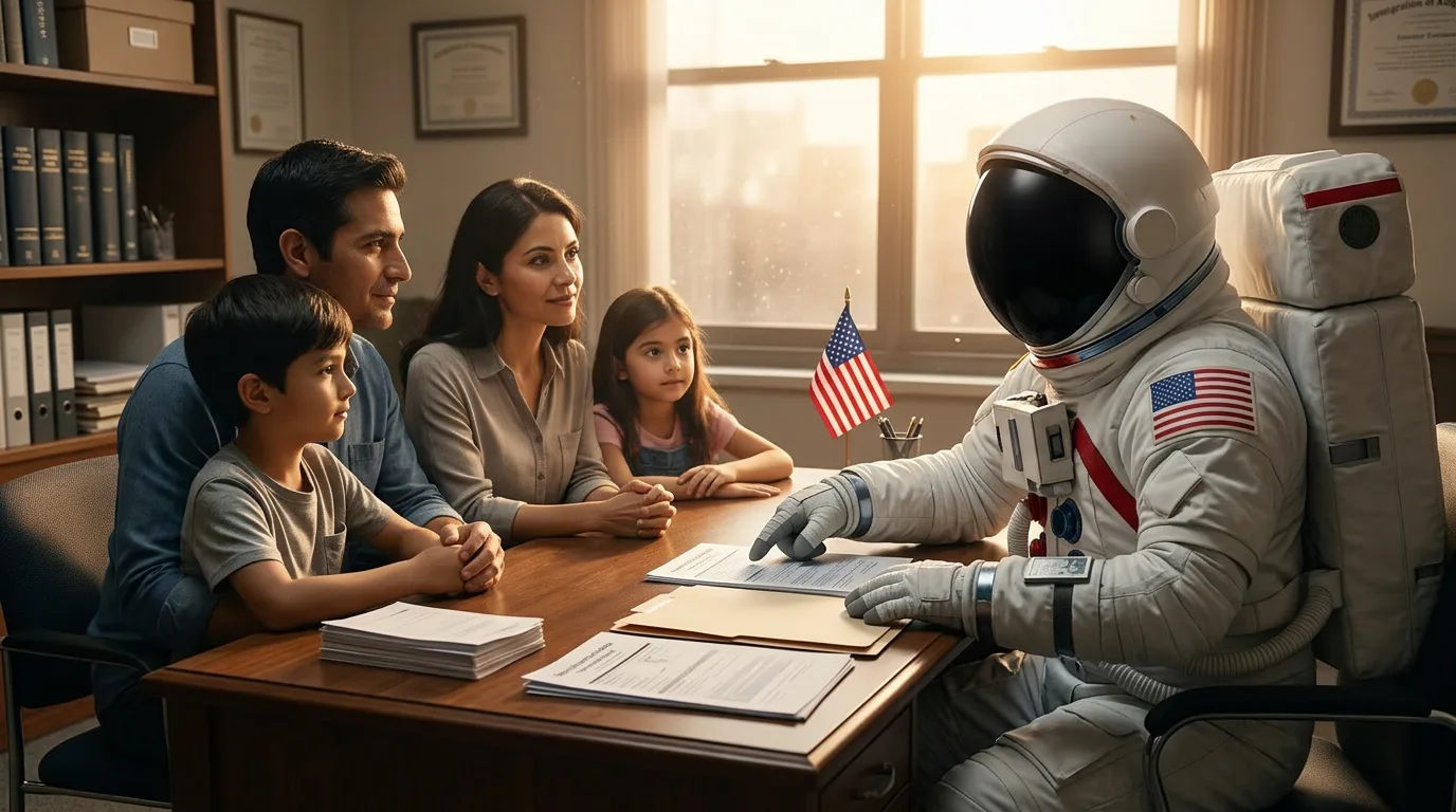 An astronaut sits behind a desk covered in documents facing a family of four in a warmly lit office with bookshelves.