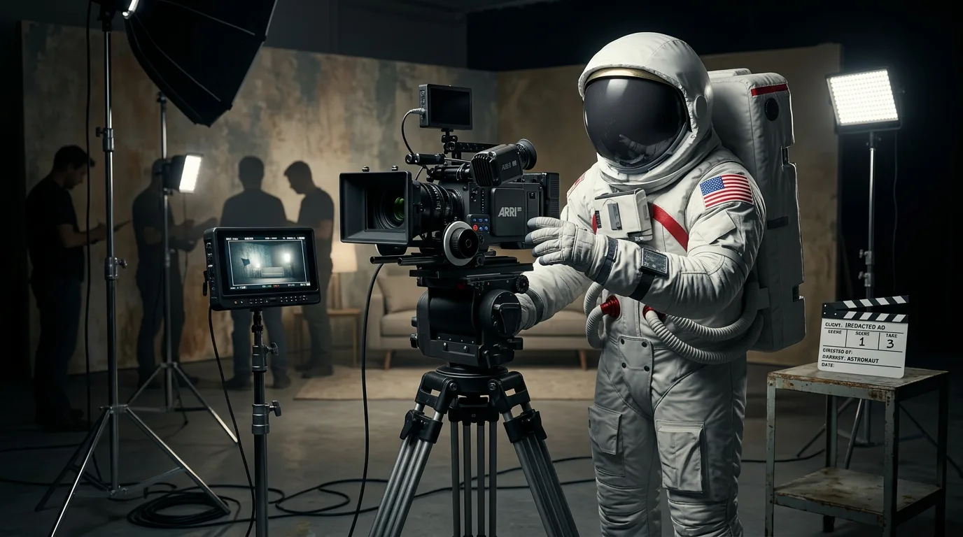 An astronaut operates a large cinema camera on a tripod on a darkened film set with crew in the background and lights rigged overhead.