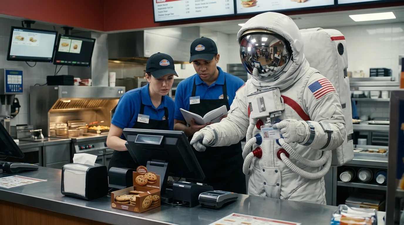 An astronaut stands at a fast food counter interacting with two uniformed employees at a point-of-sale terminal.