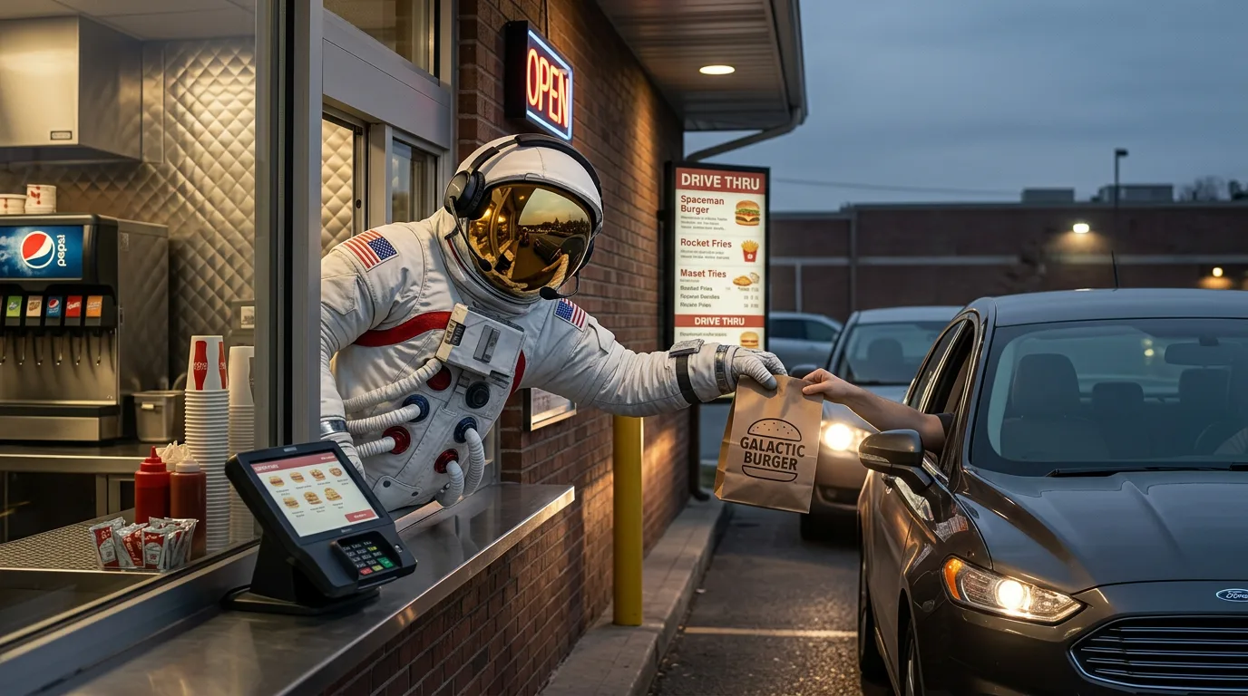 An astronaut leans out of a fast food drive-through window to hand a paper bag to a waiting car at dusk.