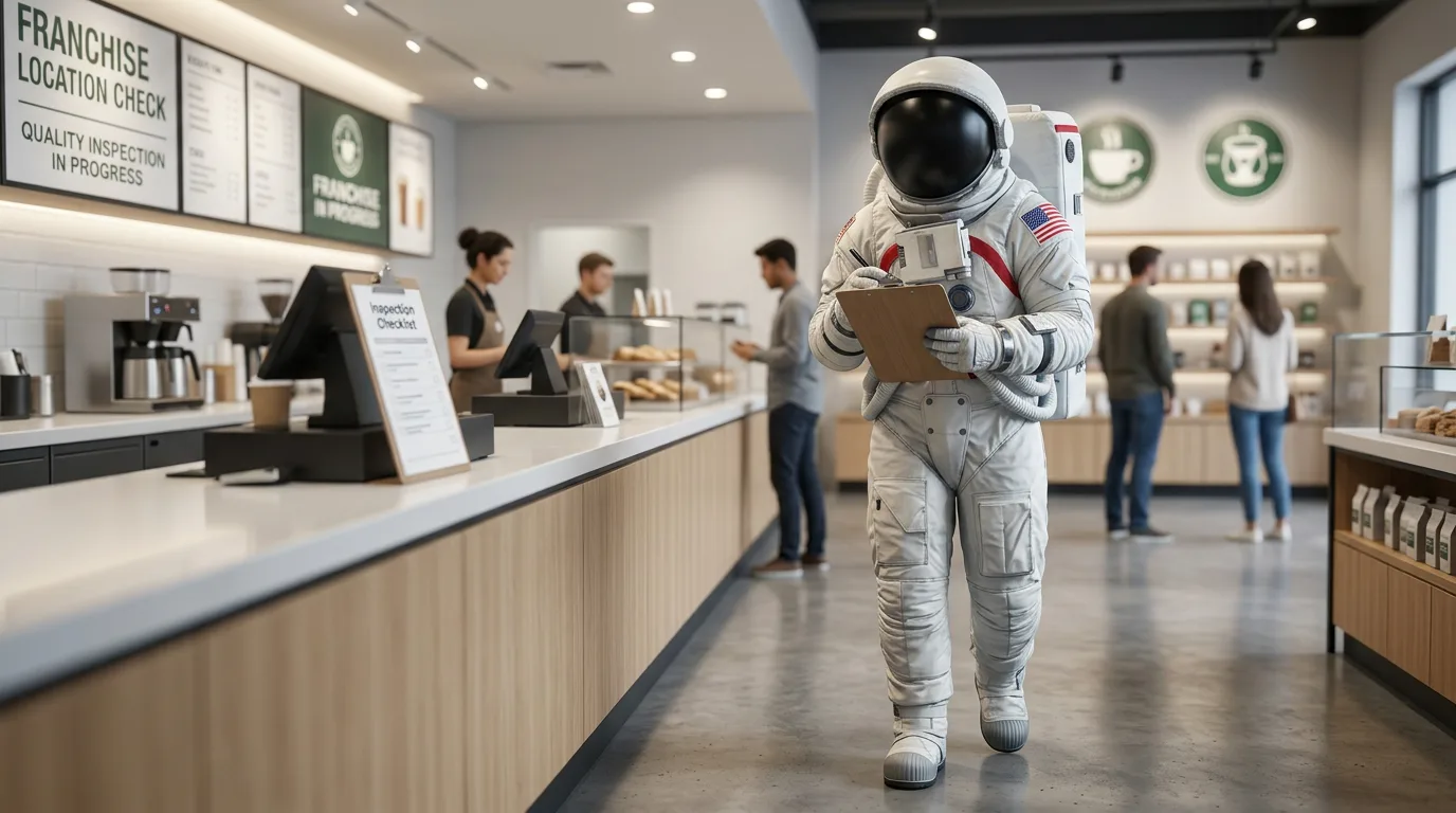 An astronaut walks through a bright franchise coffee shop holding a clipboard with staff working behind the counter.
