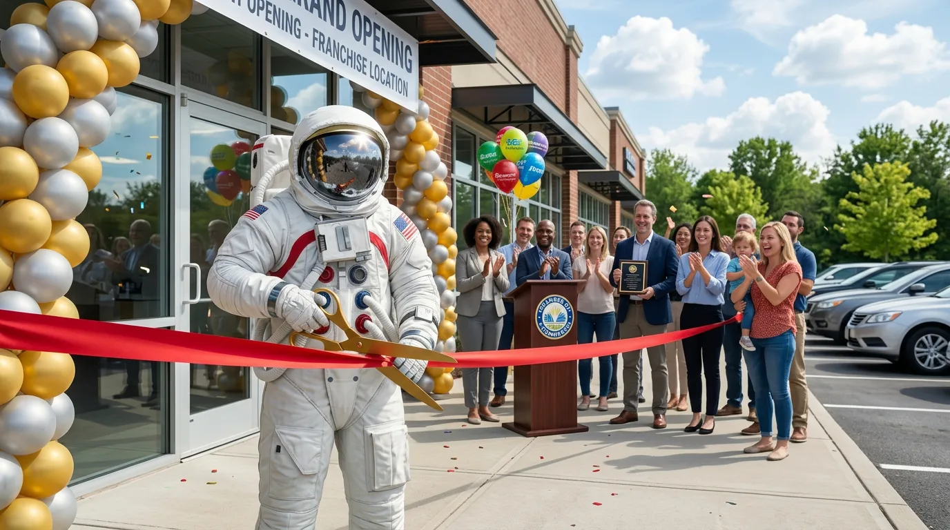An astronaut cuts a red ribbon with oversized scissors at a franchise grand opening while a crowd applauds outside a storefront.