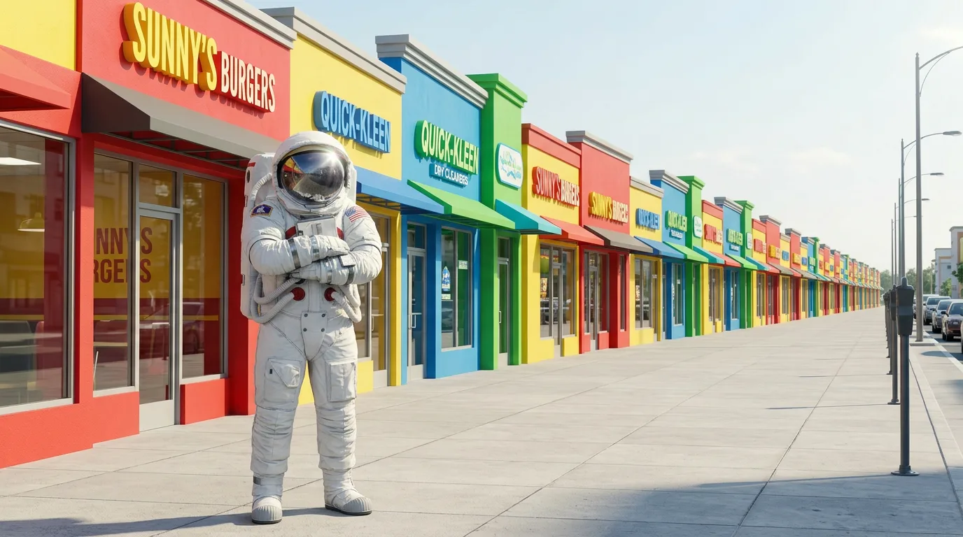 An astronaut stands on the sidewalk in front of a row of brightly colored franchise storefronts on a commercial strip.