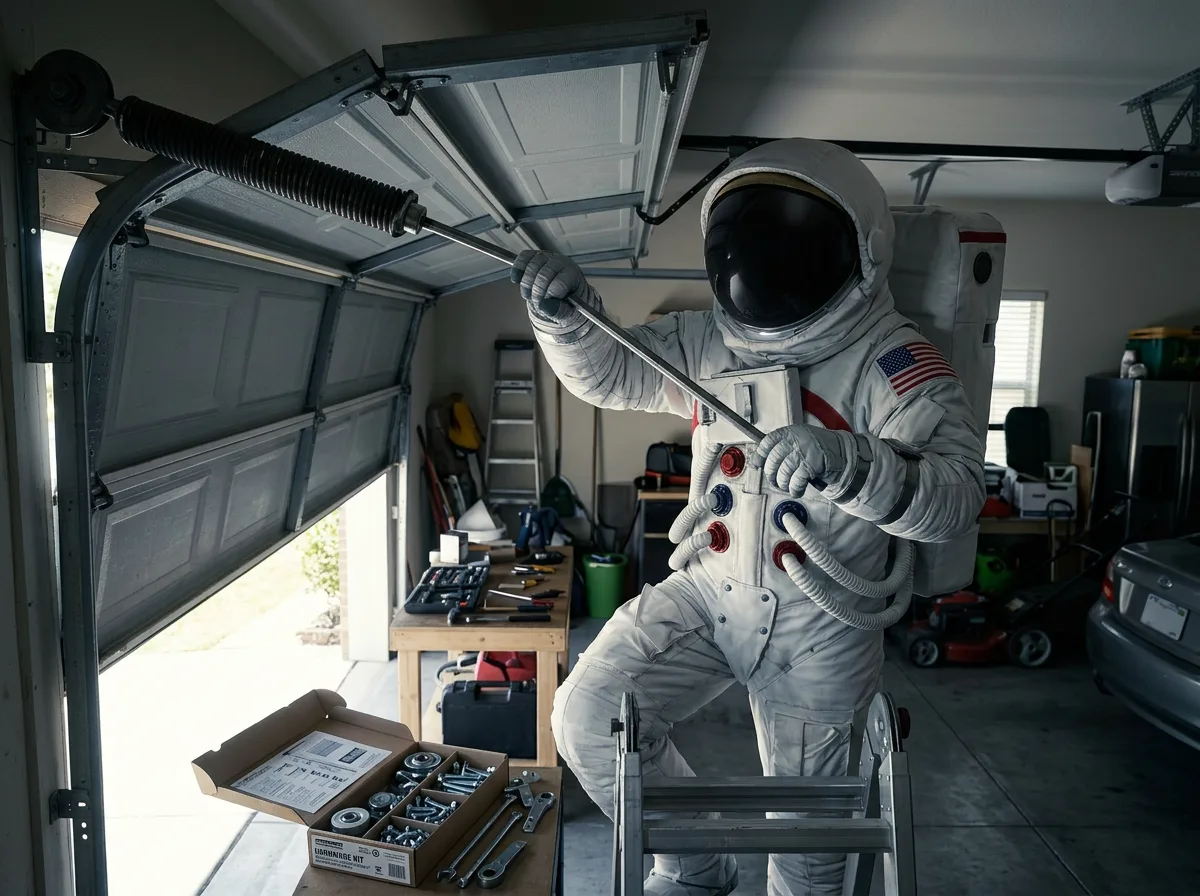 An astronaut stands on a stepladder reaching up to work on a garage door track inside a residential garage.