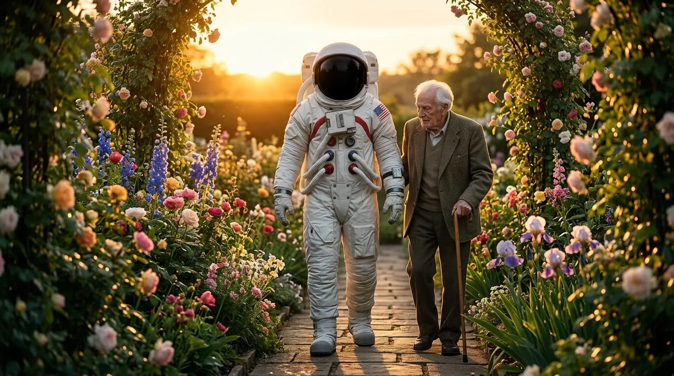 An astronaut walks slowly alongside an elderly man with a cane along a flower-lined garden path at golden sunset.
