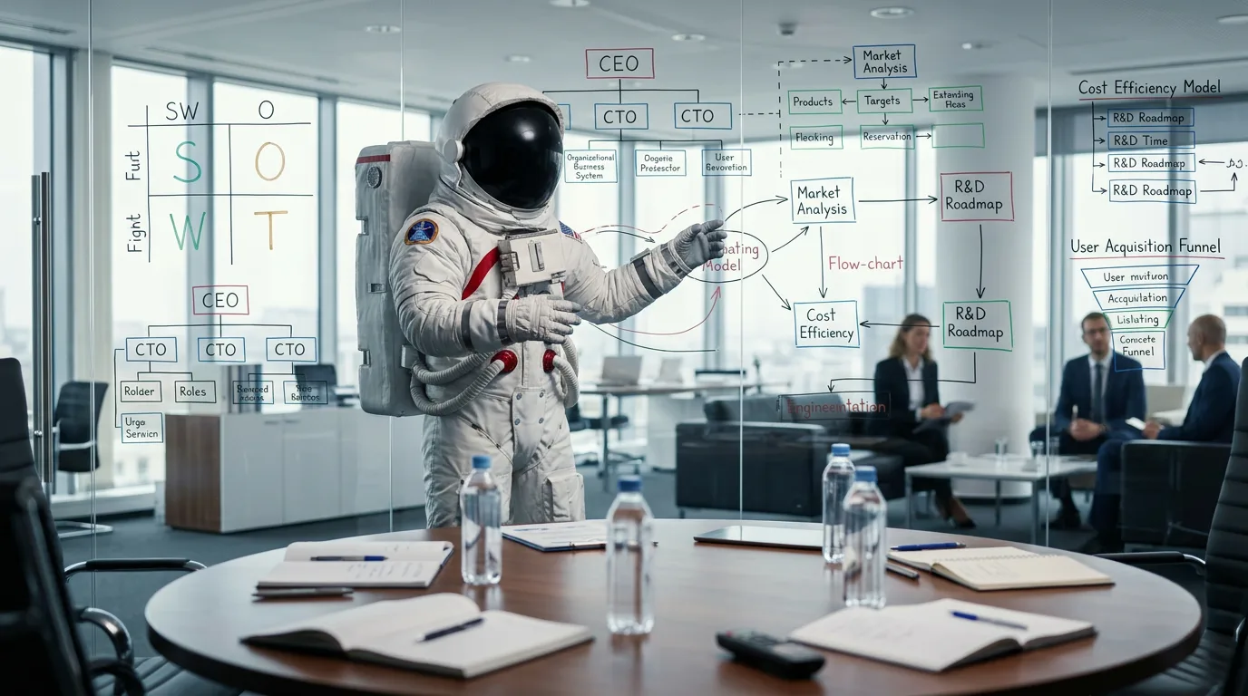 An astronaut stands at a glass whiteboard presenting a strategy diagram to seated executives in a modern boardroom.
