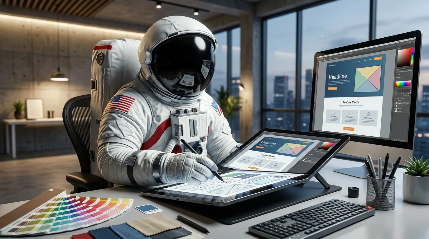 An astronaut draws on a graphics tablet with a stylus while a website mockup and color swatches are spread across the desk in a modern design studio at night.