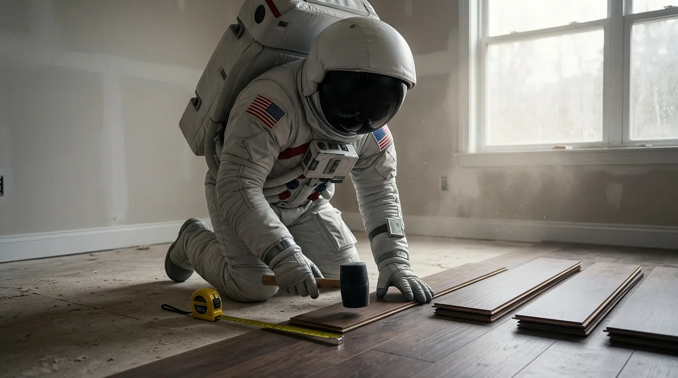 An astronaut kneels on the floor of an empty room laying hardwood planks with a mallet and tape measure beside them.