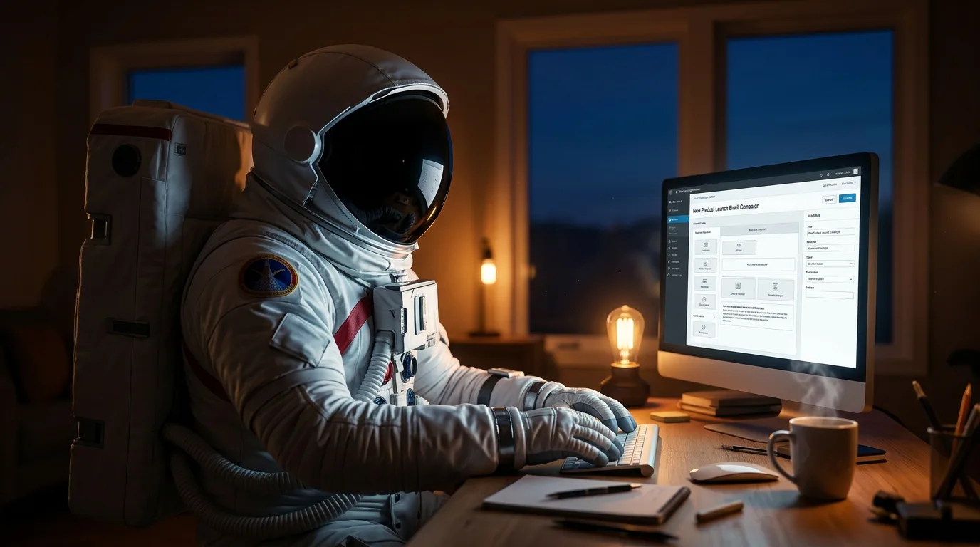 An astronaut sits at a home desk at night typing on a computer with a mug and lamp nearby.