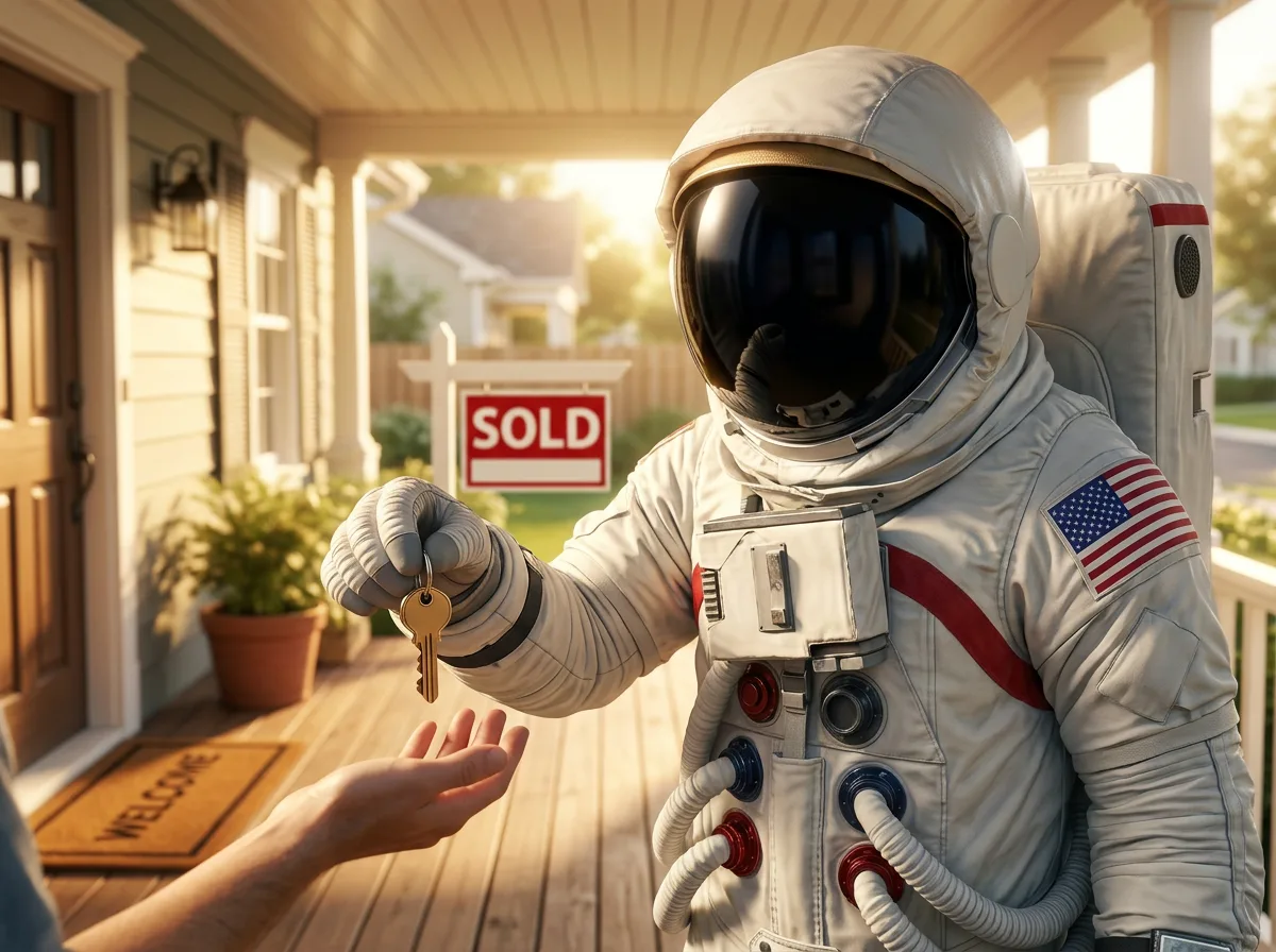 An astronaut stands on a front porch next to a sold sign and hands a set of house keys to an unseen buyer.