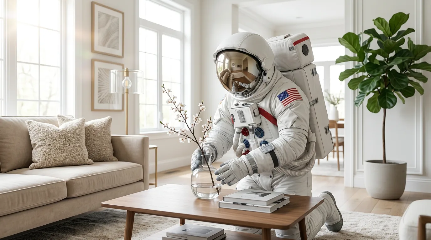 An astronaut arranges a vase of flowers on a coffee table in a bright, minimally furnished living room.