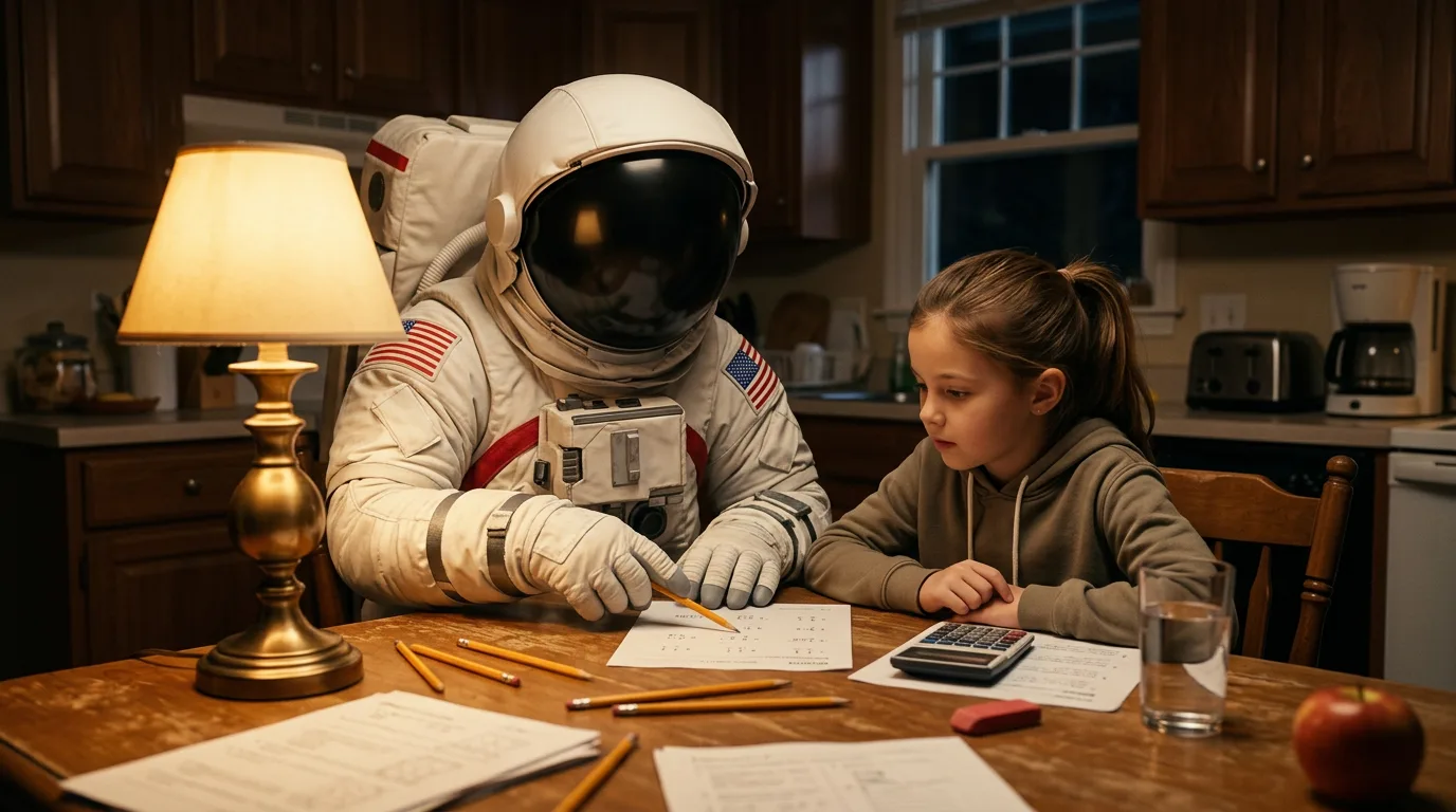 An astronaut leans over a kitchen table helping a young girl with homework by lamplight with pencils and a calculator nearby.