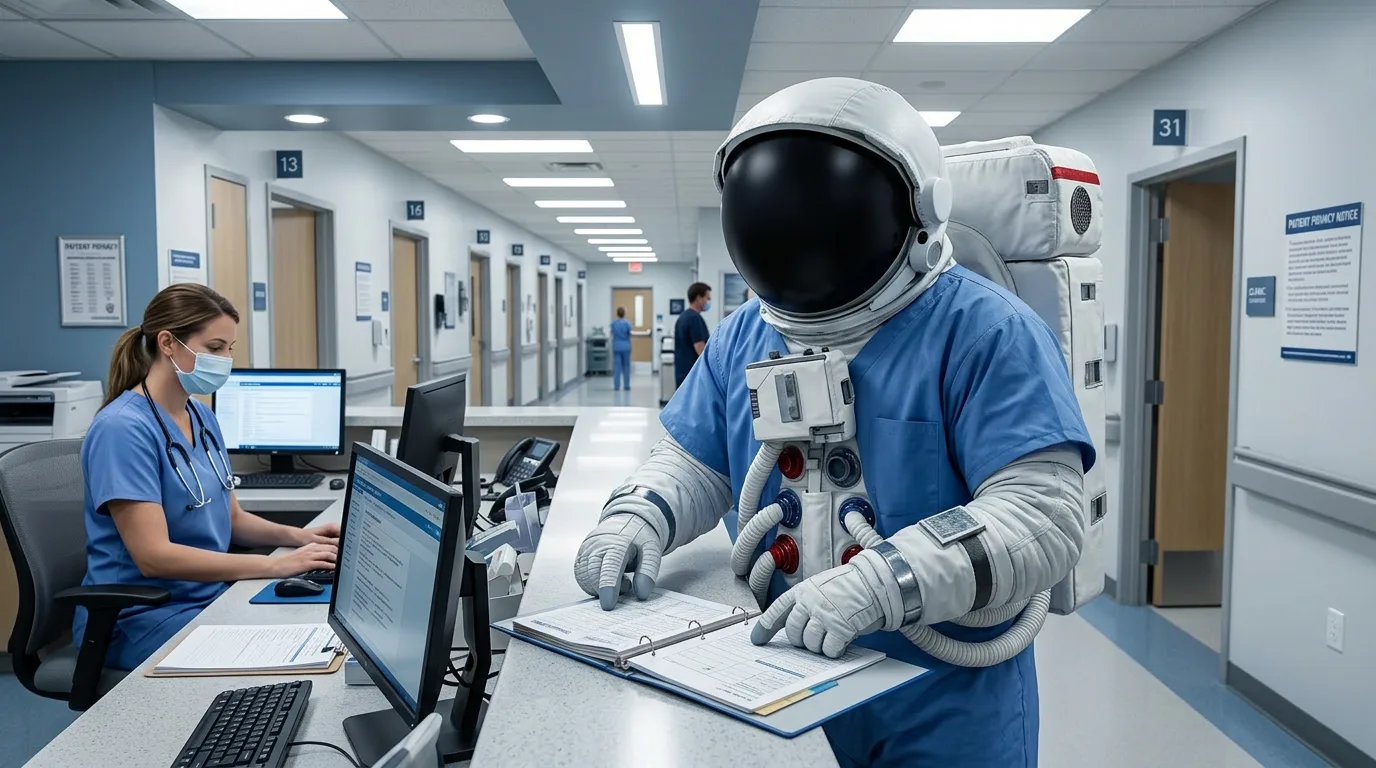 An astronaut in surgical scrubs and a spacesuit helmet reviews paperwork at a busy hospital nurses station with staff working behind.