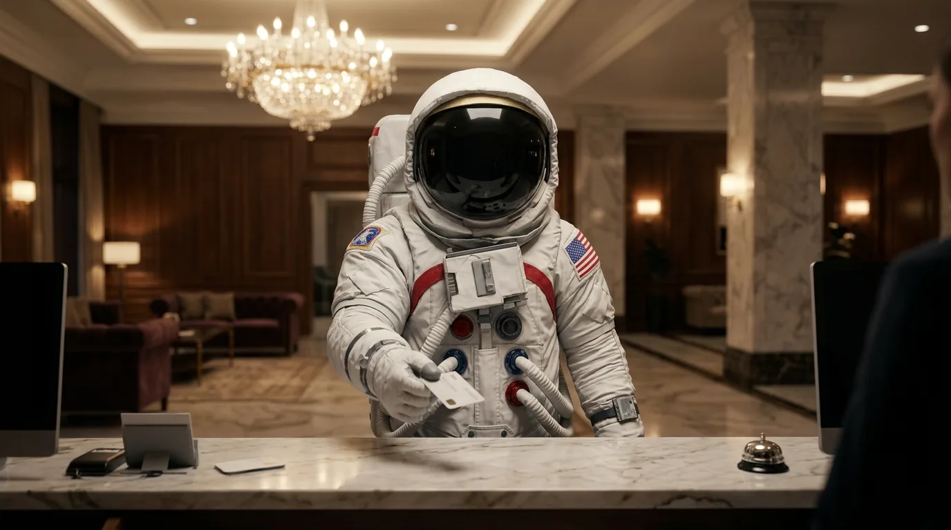 An astronaut leans over a marble hotel front desk in an upscale lobby with a bell on the counter.