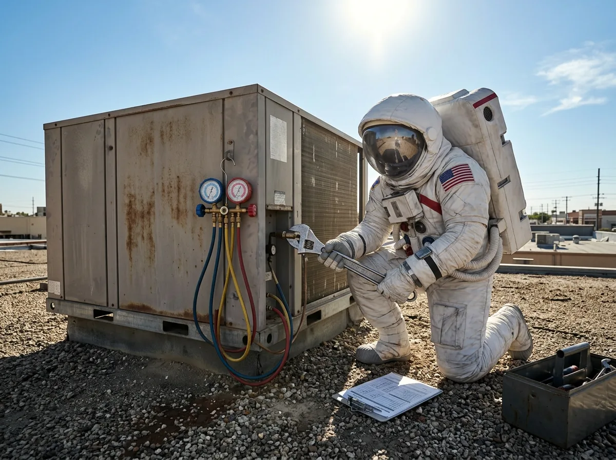 An astronaut kneels beside a rooftop commercial HVAC unit in bright sunlight holding a gauge manifold with tools nearby.