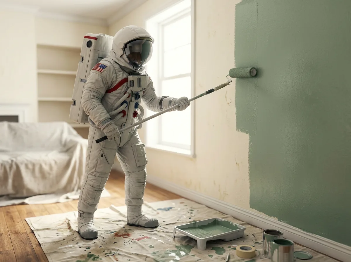 An astronaut in a white spacesuit rolls green paint onto a living room wall with a paint tray on the floor.