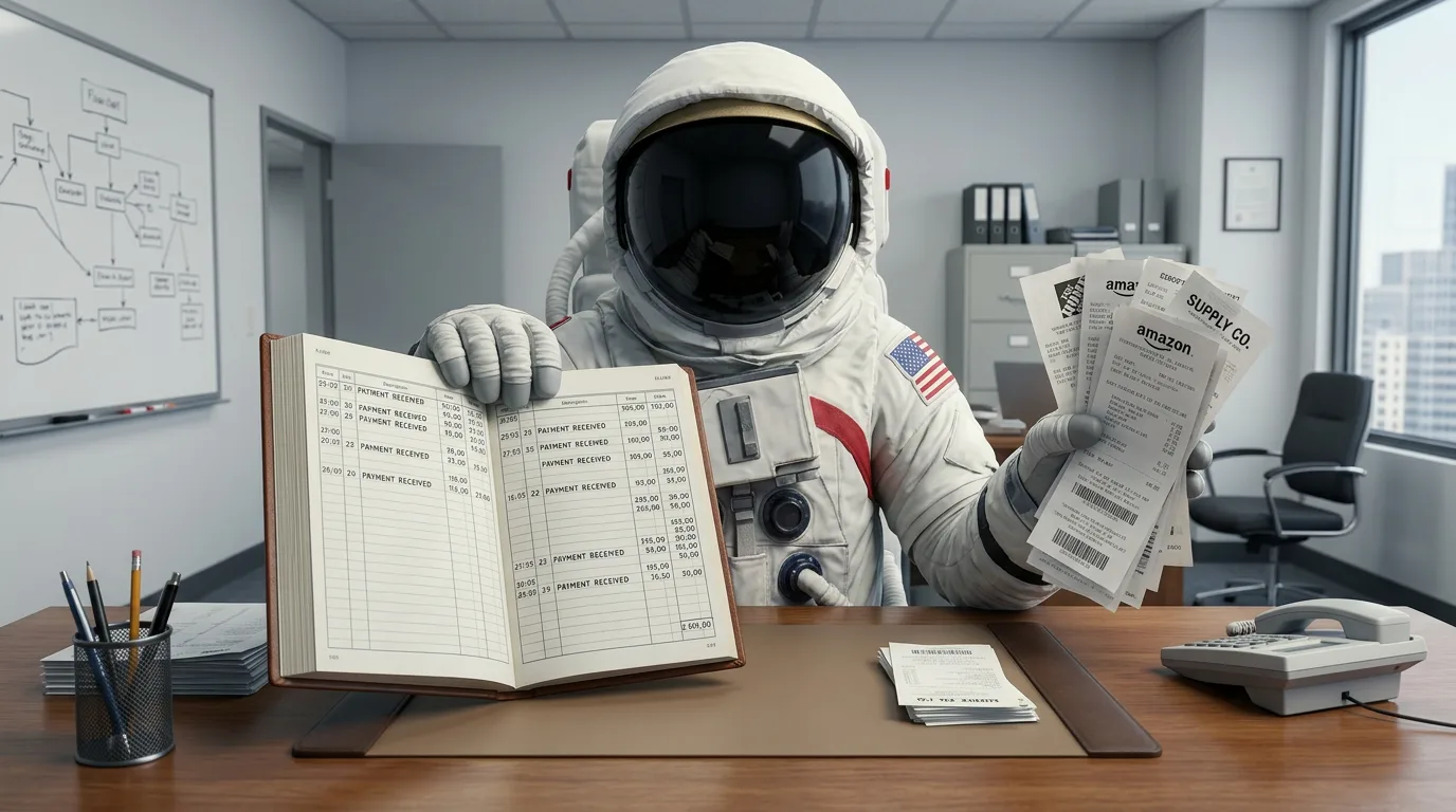 An astronaut holds up a stack of invoices with an open ledger book on the desk in a corporate office with a whiteboard behind.