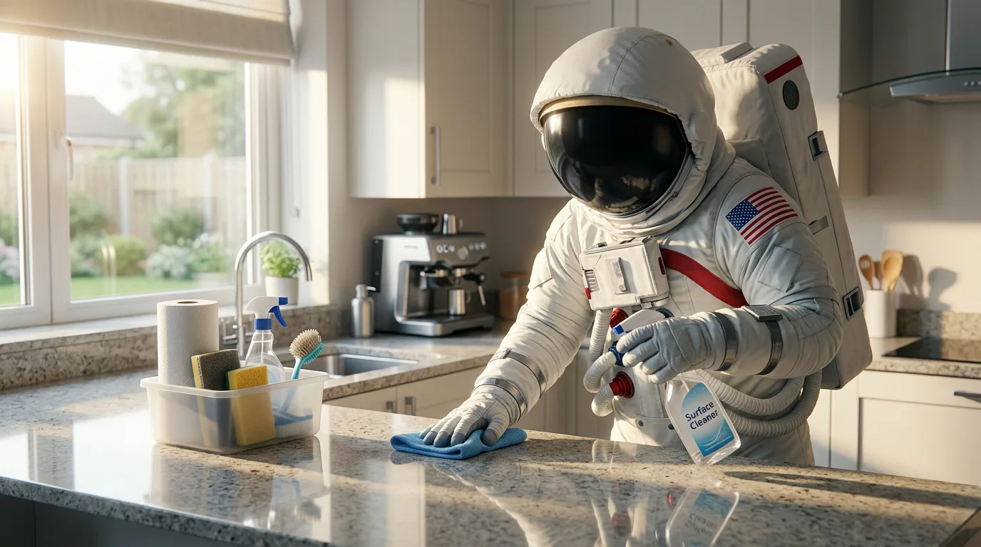 An astronaut scrubs a granite kitchen countertop with a spray bottle and cloth in a bright modern kitchen.