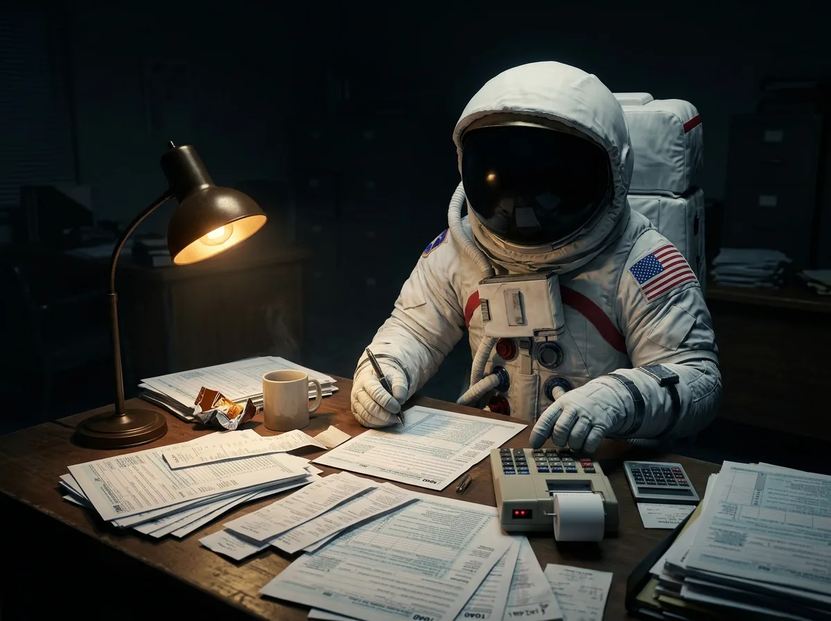 An astronaut hunches over a desk covered in papers, a calculator, and a lamp in a dark room doing late-night accounting.