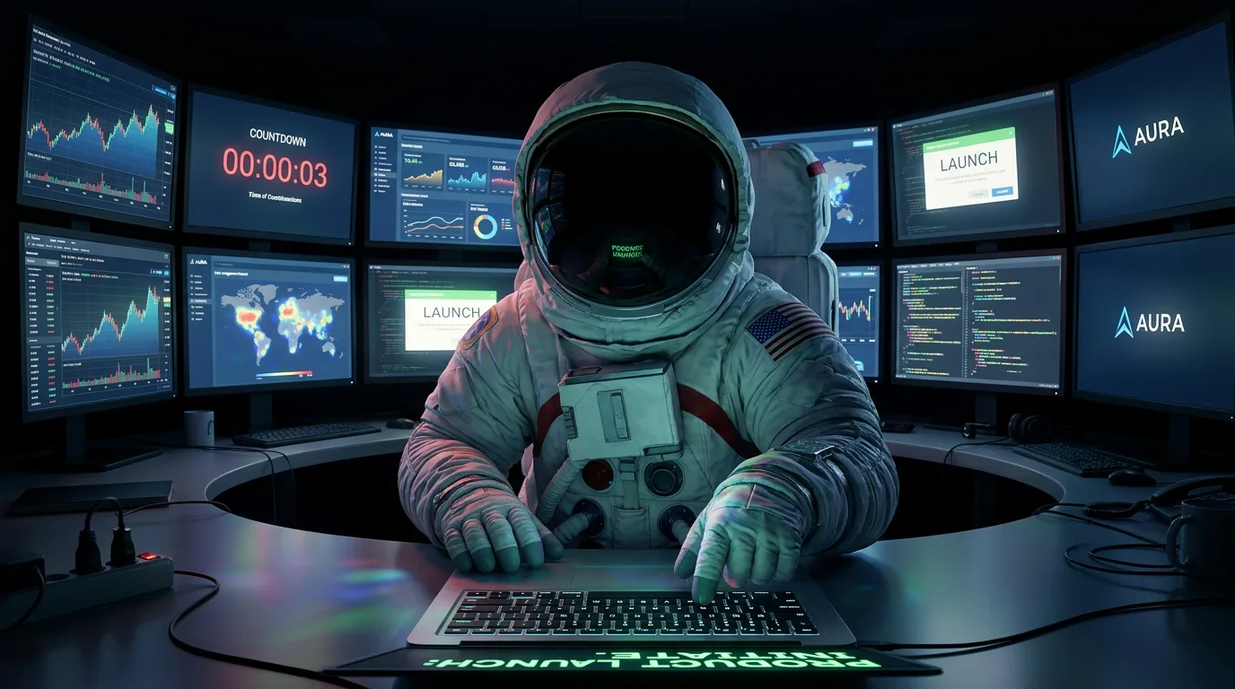 An astronaut sits at a curved desk surrounded by multiple monitors showing charts and launch countdowns, lit only by blue screen glow.