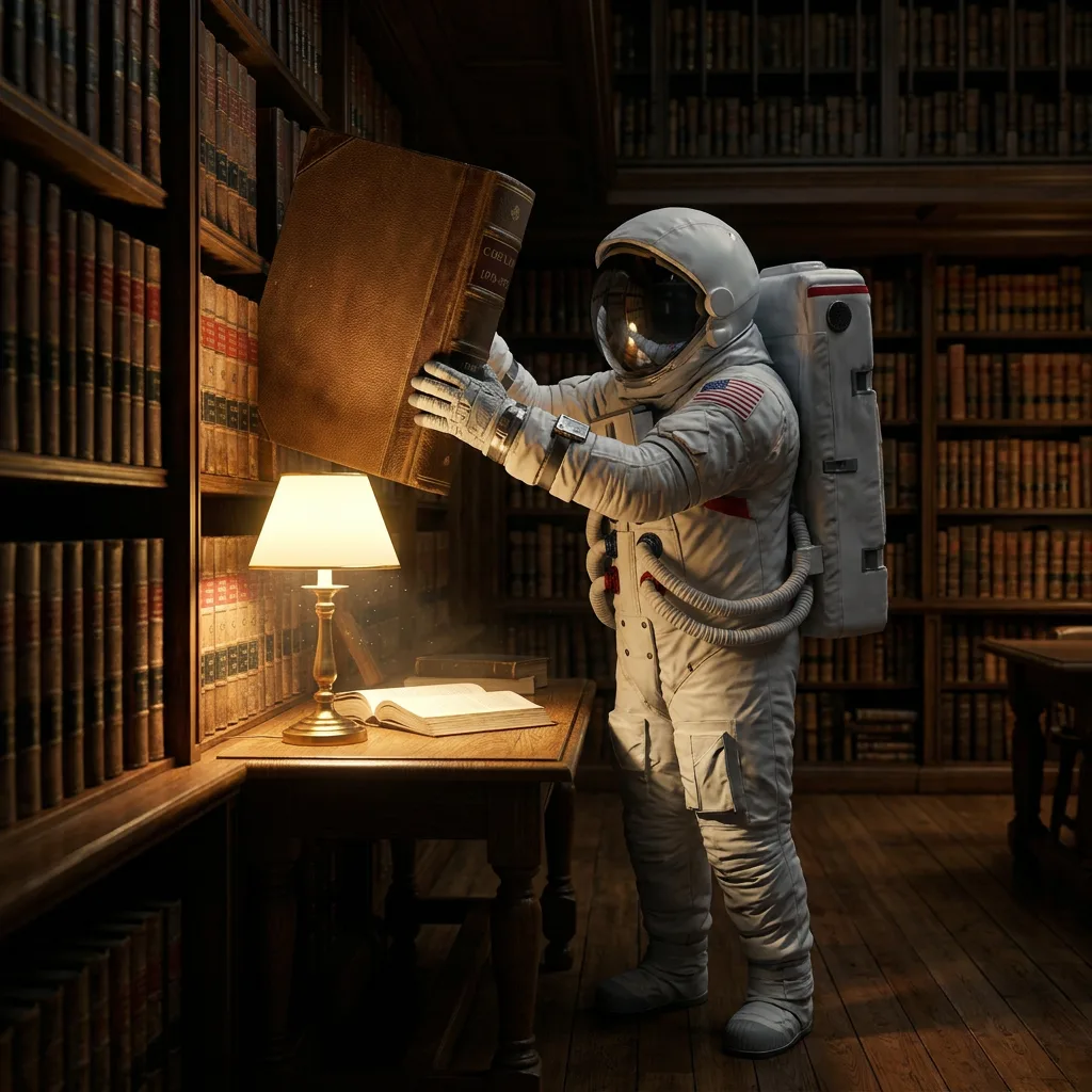 An astronaut stands in a dimly lit wood-paneled library pulling a large volume from floor-to-ceiling bookshelves.