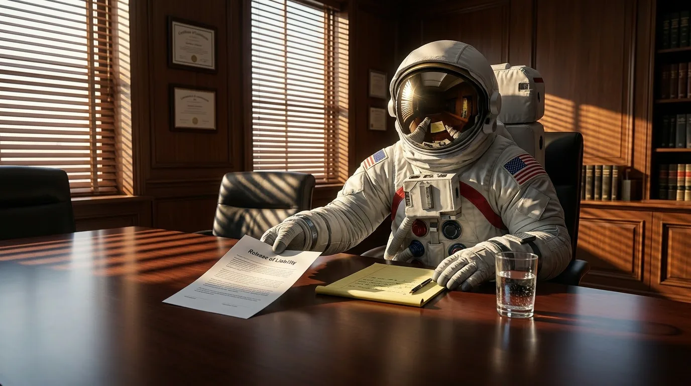 An astronaut sits at a large mahogany desk in a wood-paneled law office reviewing papers next to a glass of water.