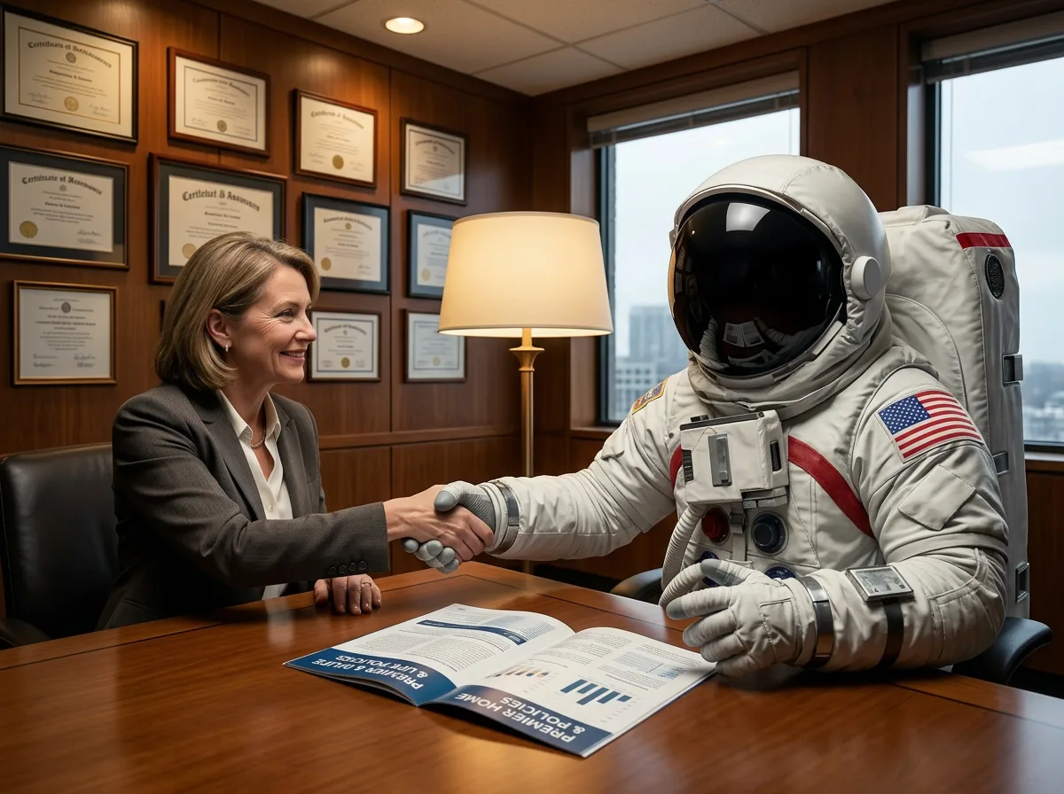 An astronaut shakes hands with a suited woman across a conference table in a law office lined with framed certificates.