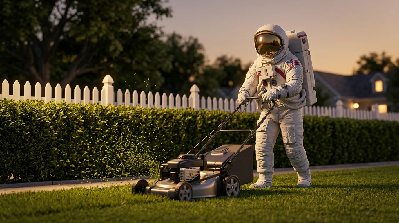 An astronaut pushes a gas lawn mower along a trimmed grass yard at golden hour.