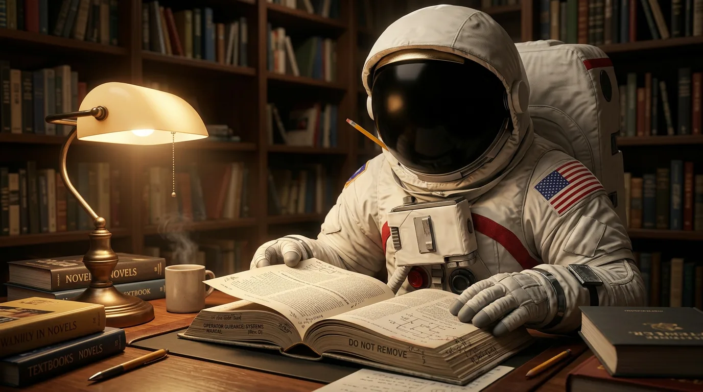An astronaut pores over a large open book at a desk beneath a banker's lamp in a wood-paneled library.