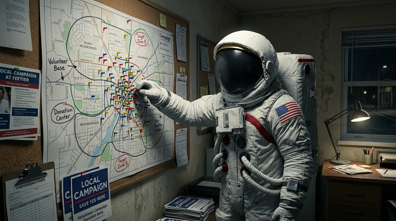 An astronaut pins colorful markers onto a large hand-drawn city map on a corkboard wall.