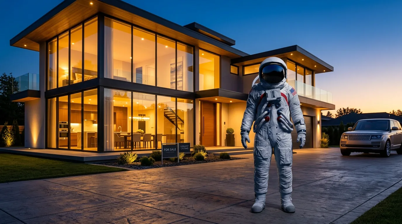 An astronaut stands in the driveway of a large modern home lit up at twilight.
