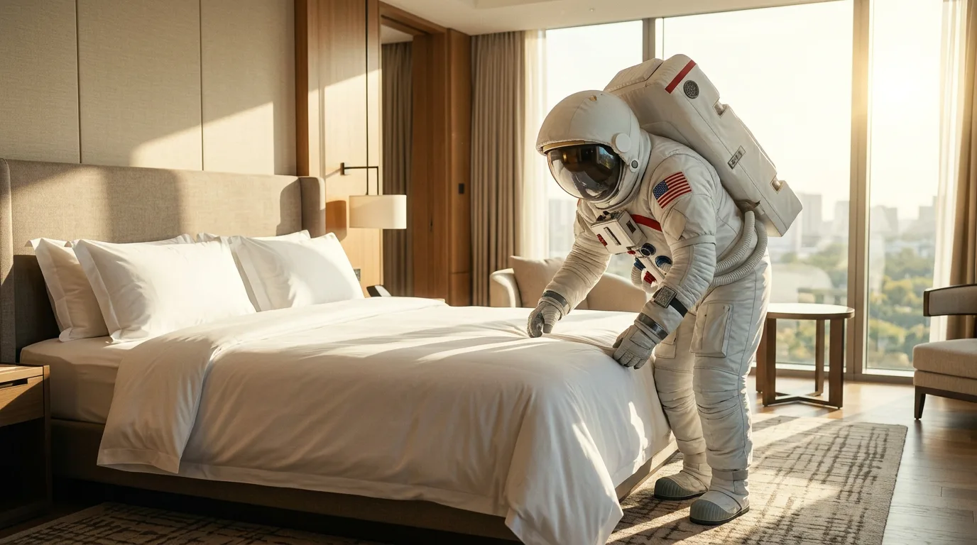 An astronaut straightens the white duvet on a neatly made hotel bed in a bright modern room.