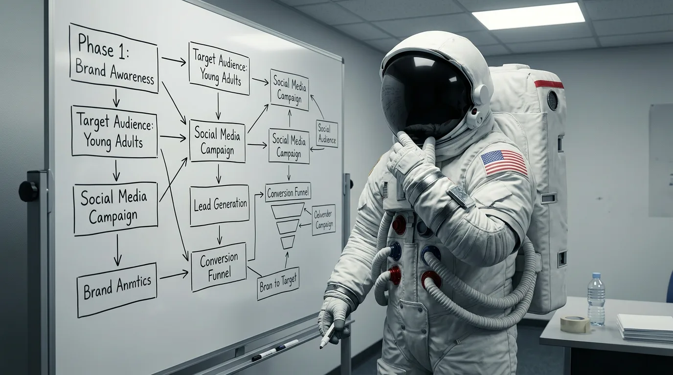 An astronaut stands before a whiteboard mapped with a brand awareness and social media campaign funnel diagram.