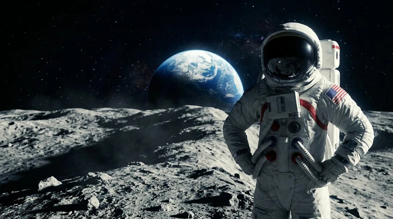 An astronaut stands on the moon's surface with hands on hips, Earth rising over the horizon against a star-filled sky.