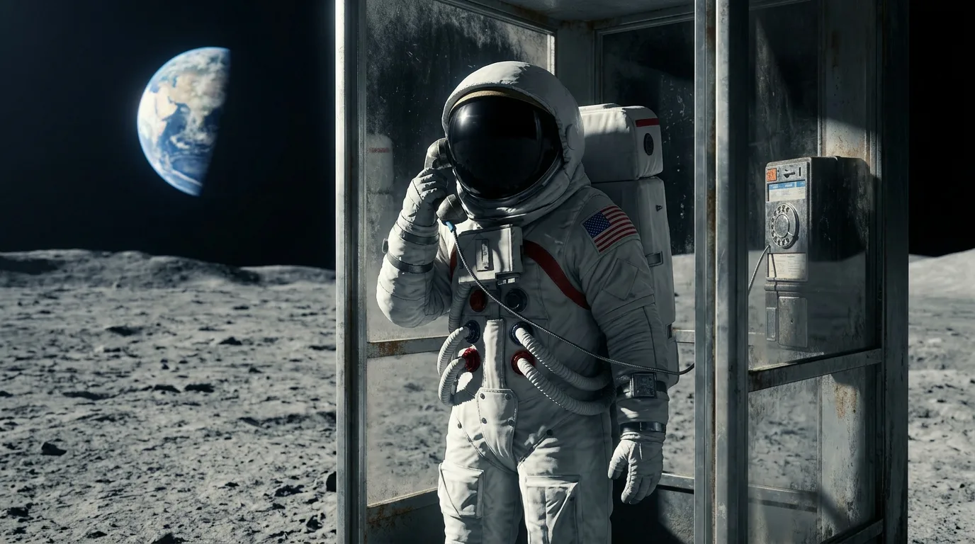 An astronaut stands inside a phone booth on the lunar surface making a call, with Earth visible in the sky behind.
