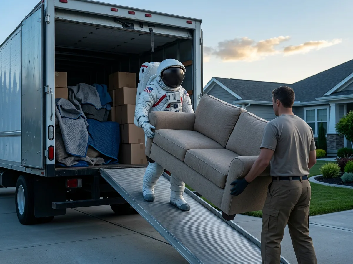 An astronaut carries a sofa down the ramp of a moving truck with a mover assisting from the ground in a residential driveway.