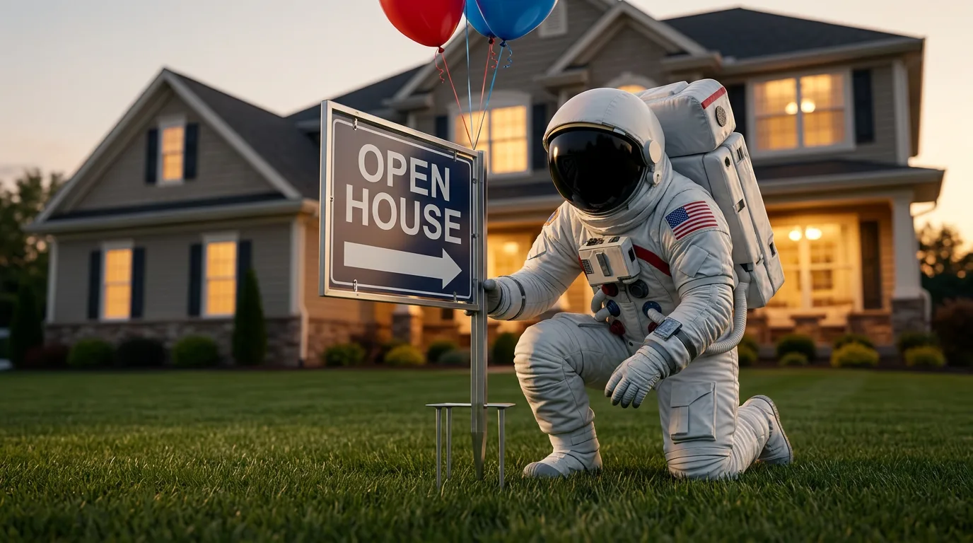 An astronaut crouches on a front lawn at dusk to stake an open-house sign with balloons tied to it.