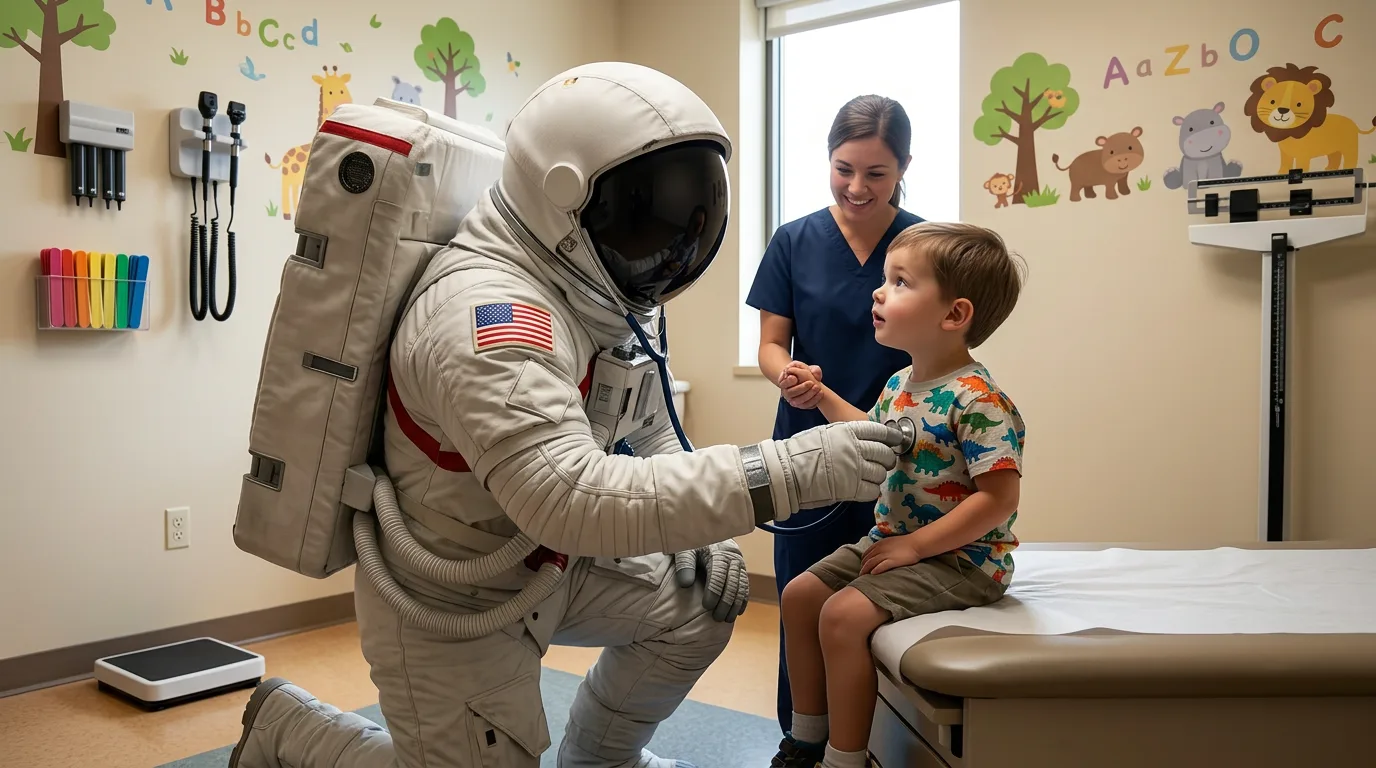 An astronaut kneels to examine a young child seated on a clinic table in a colorfully decorated pediatric exam room with a nurse nearby.