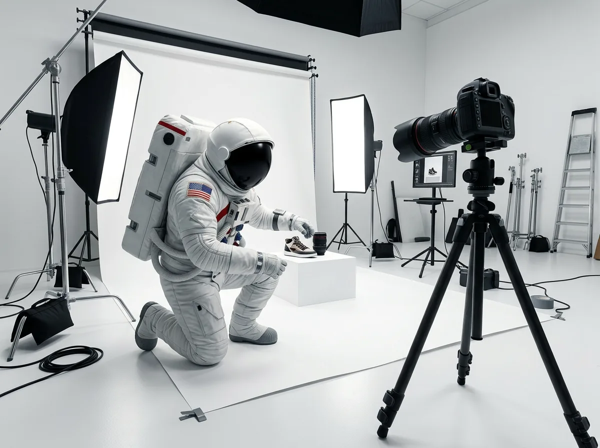 An astronaut kneels in a white photography studio arranging a small product on a pedestal in front of a camera and softboxes.