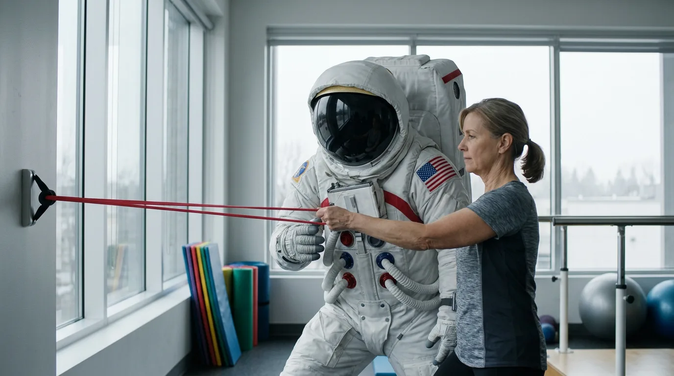 An astronaut pulls against a resistance band held by a physical therapist in a bright rehabilitation clinic.