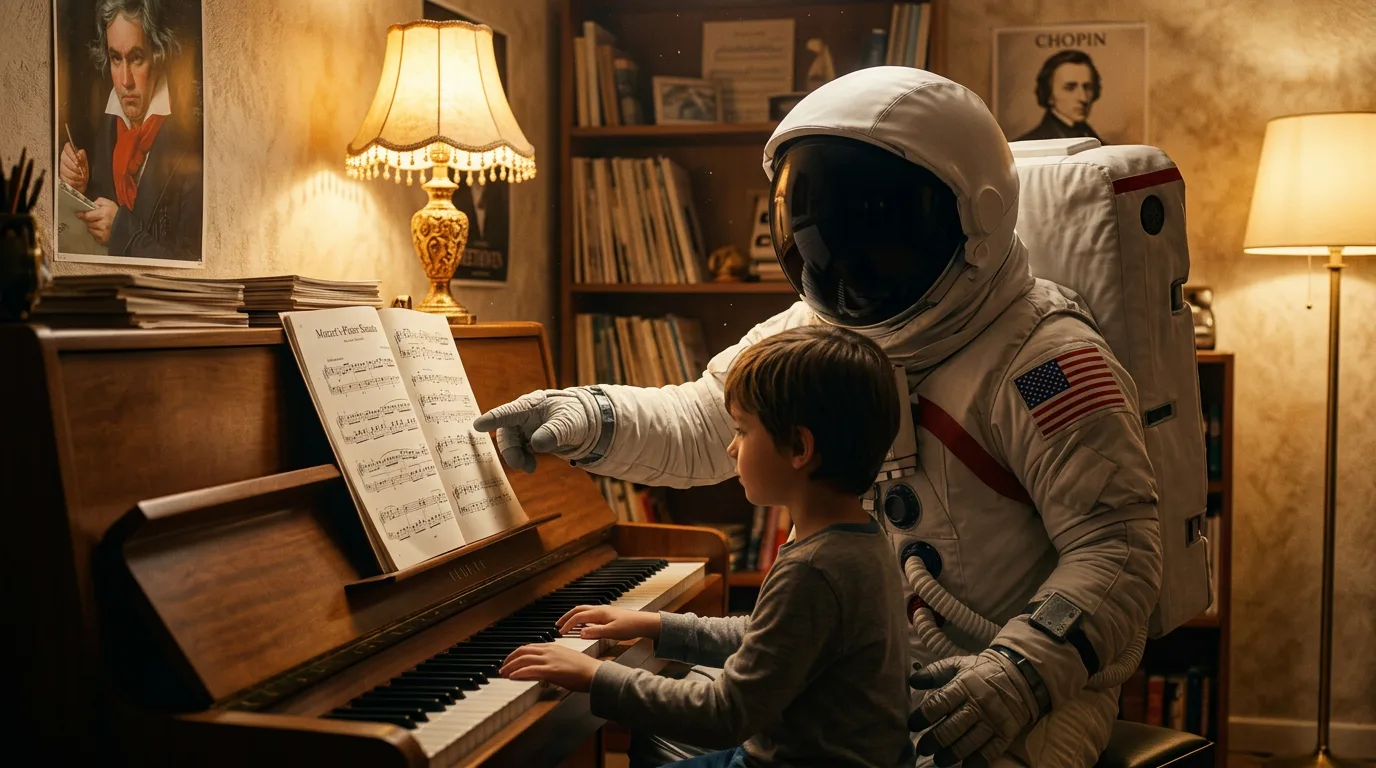 An astronaut sits beside a young child at an upright piano in a cozy living room, pointing at sheet music under warm lamplight.